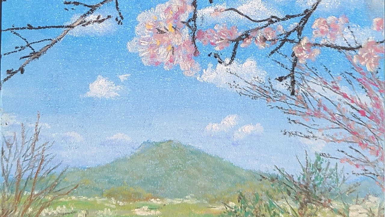 パステル画#3『笹山公園の桜と可也山』Pastel Painting 風景画 絵の