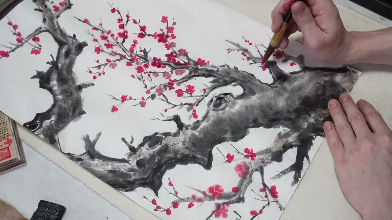 紅梅の水墨画・梅の描き方・水墨画・suibokuga - YouTube