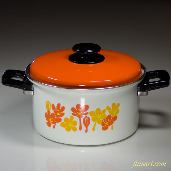 ホーロー両手鍋花柄オレンジ20cmR2553 : 昭和レトロポップ雑貨