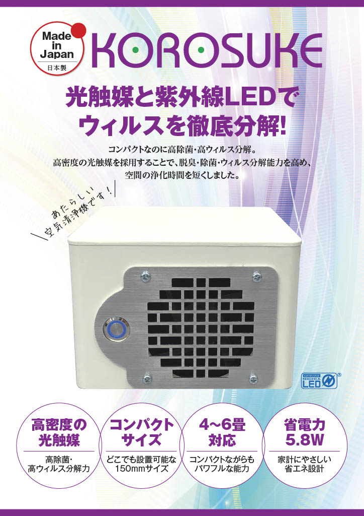 光触媒とUVLEDで、ウイルスを完璧に破壊。korosuke