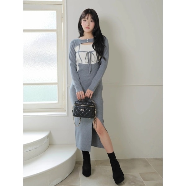 デコルテオープンバイカラーリボンニットワンピース | リップサービス