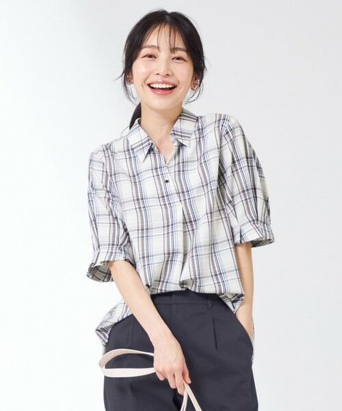 セール】 【洗える】ピケチェック ブラウス （シャツ・ブラウス）｜L