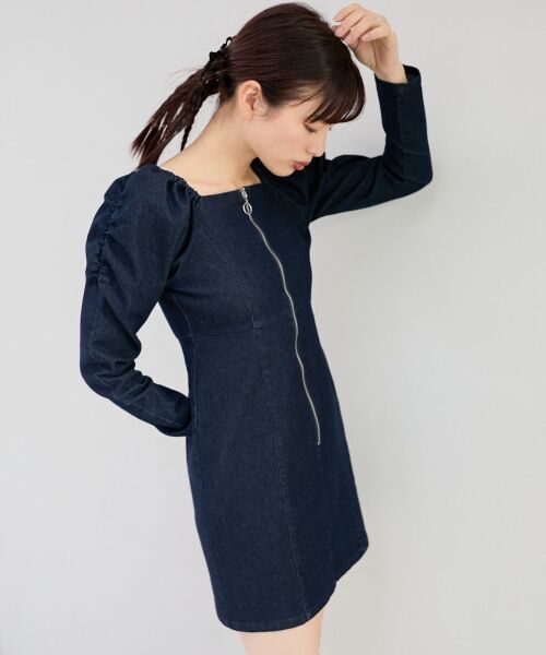 セール】 フロントジップデニムミニワンピース （ミニ丈・ひざ丈