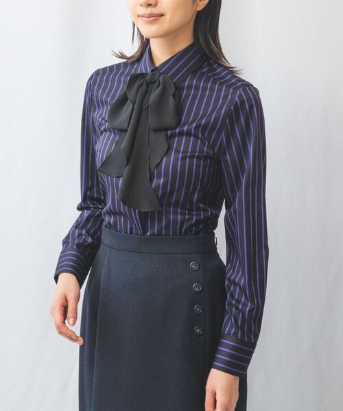 セール】 【NARACAMICIE】ダークストライプフリルボウタイ付き長袖