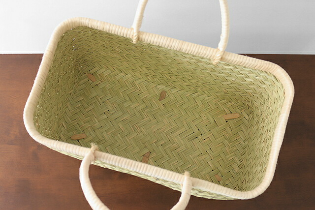 スズ竹市場かご(岩手県鳥越竹細工/籐ハンドル/中サイズ)(約)幅41×マチ