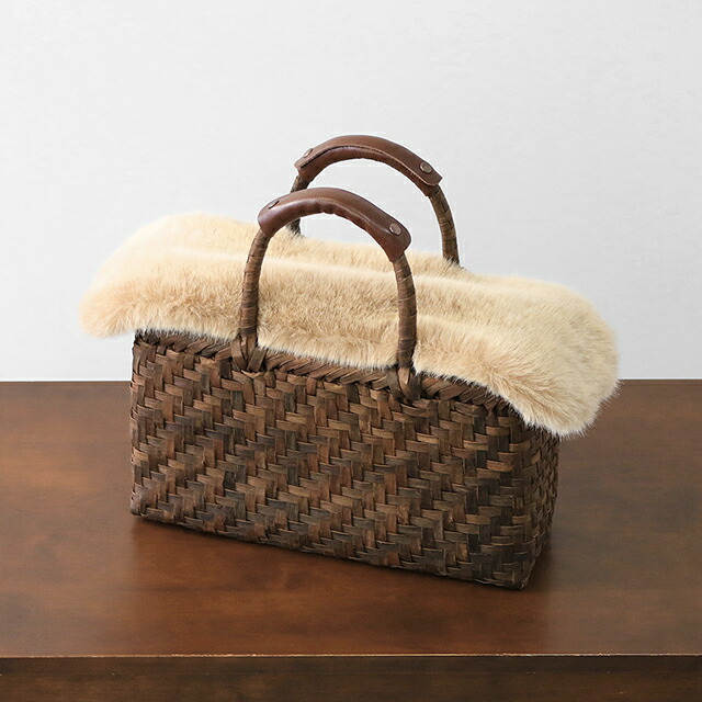ファーふた付きくるみ籠(網代編み/横長/中サイズ/柿渋染ふた・内布