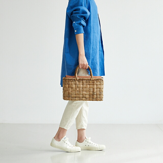 太ひごのくるみ籠(国産材/表皮/市松編み/横長/中サイズ/柿渋染ふた・内