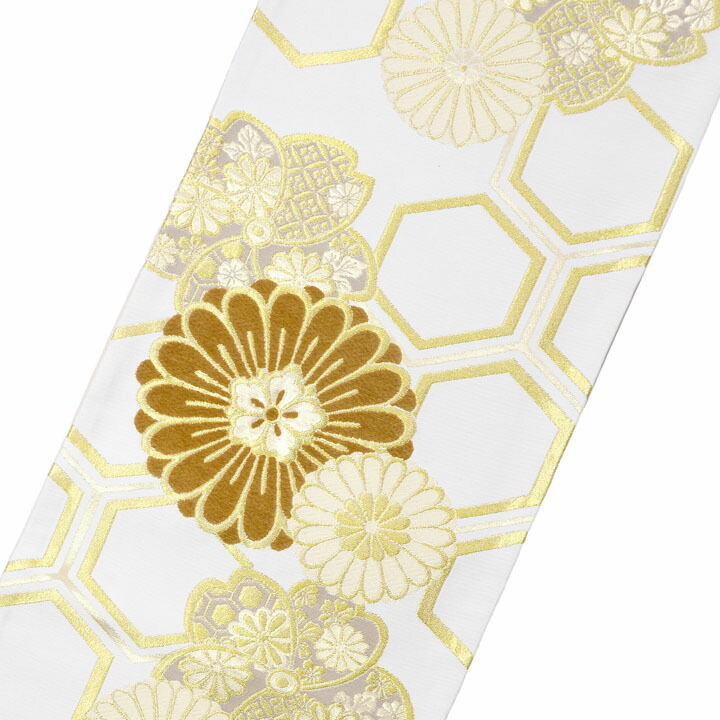 振袖 袋帯 単品「白地、金×香色 二重亀甲に菊桜」日本製 お仕立て