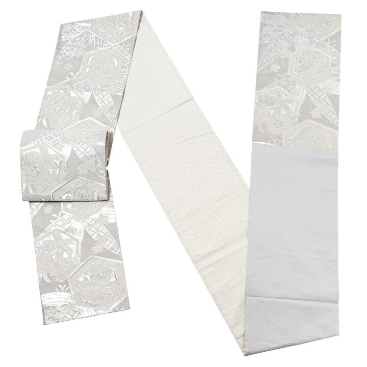 振袖 袋帯 単品「灰白色×銀 笹に亀甲、花」日本製 お仕立て上がり 振袖