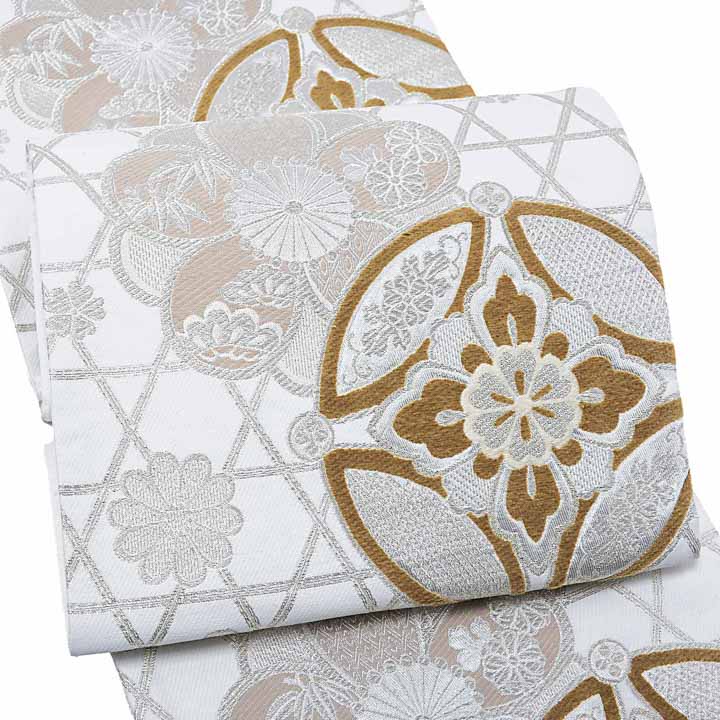 振袖 袋帯 単品「白地、銀×茶 籠目に七宝、花紋」日本製 お仕立て