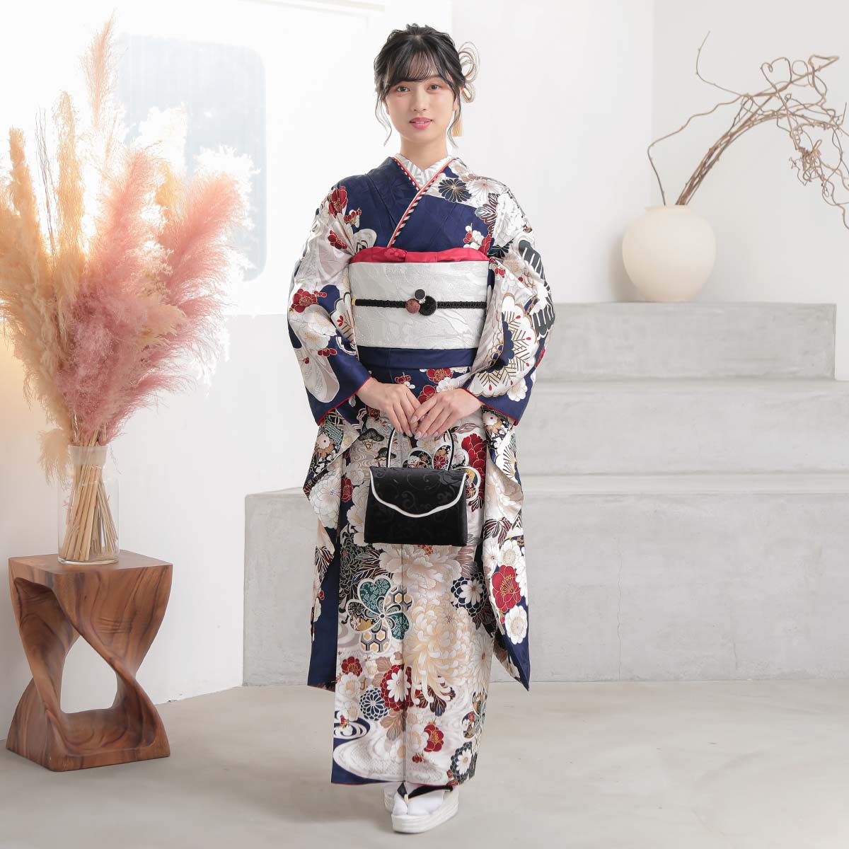 楽天市場】【振袖 レンタル】 結婚式 結納R2088 正絹 濃紺 流水菊牡丹