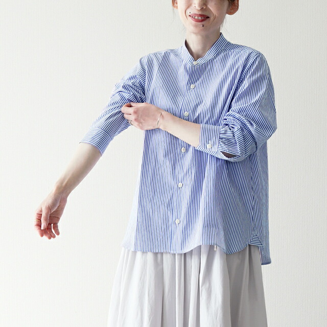 ashuhari (アシュハリ) ストライプ バンドカラーAラインシャツ Free