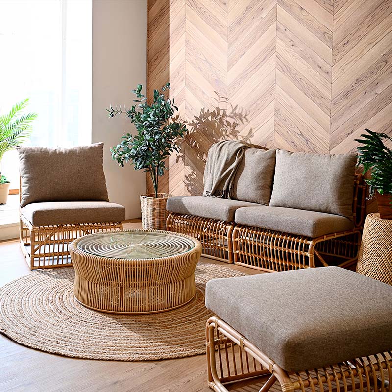 アジアン家具 ラタンソファ4点セット 1人掛けソファ3台 オットマン1台