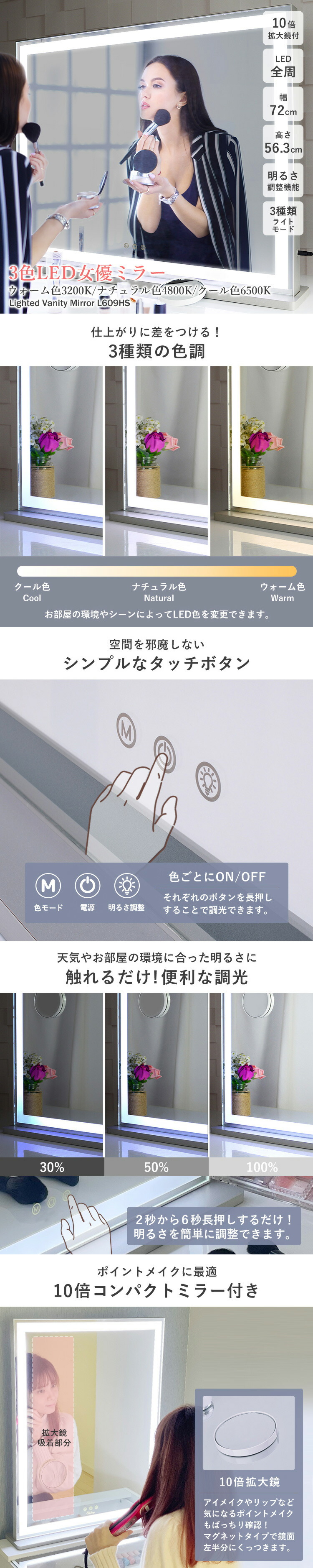 楽天市場】女優ミラー ハリウッドミラー 全周LED 幅72cm 高さ56cm 木製