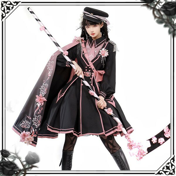 楽天市場】ロリータ ワンピース 桜柄 大正風 軍服ロリータ 黒 ピンク