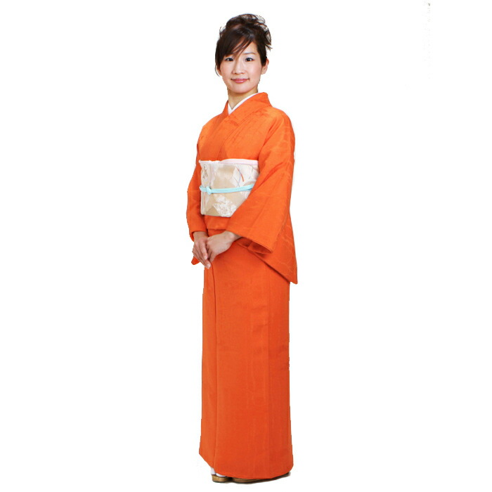 色無地 レンタル 袷 10月～5月向け 高級正絹 オレンジ色 着物 一つ紋