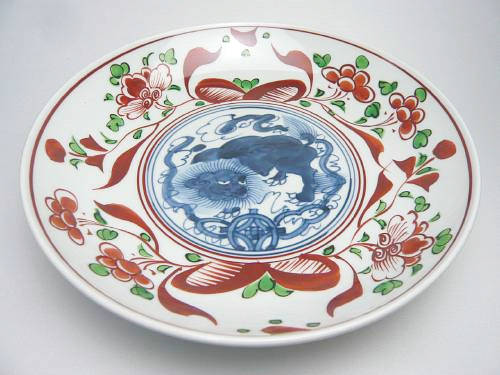 赤絵 玉取獅子 皿 8寸 - 京焼清水焼 松韻堂