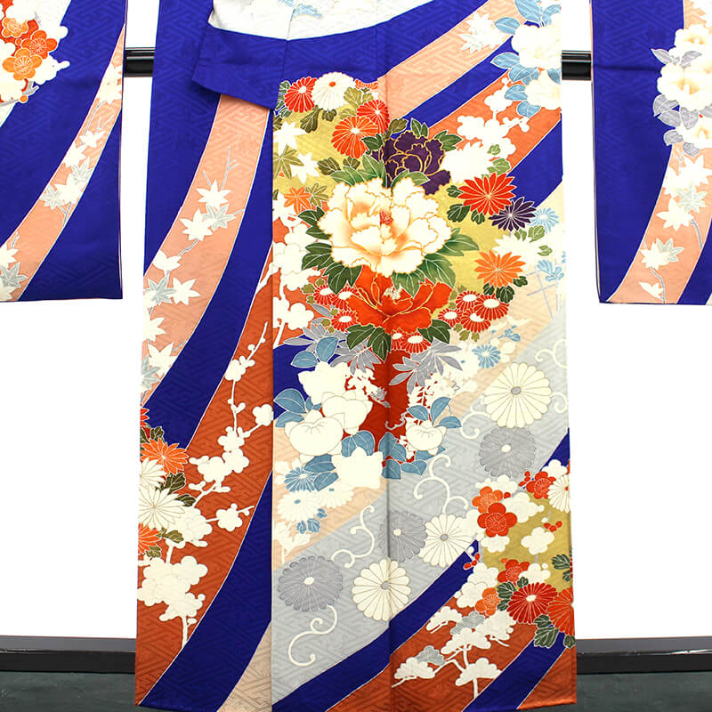 中古】 振袖 振り袖 成人式 レディース 正絹 青 古典柄 レトロ 身丈