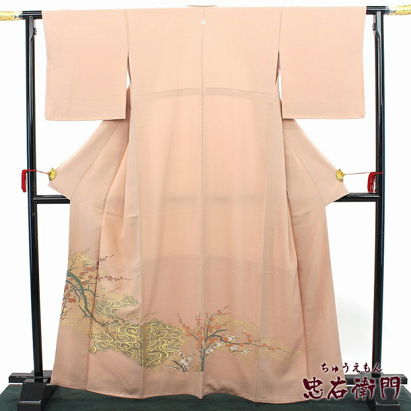 中古】 色留袖 訪問着仕立て レディース 正絹 桃ベージュ 金 梅 身丈