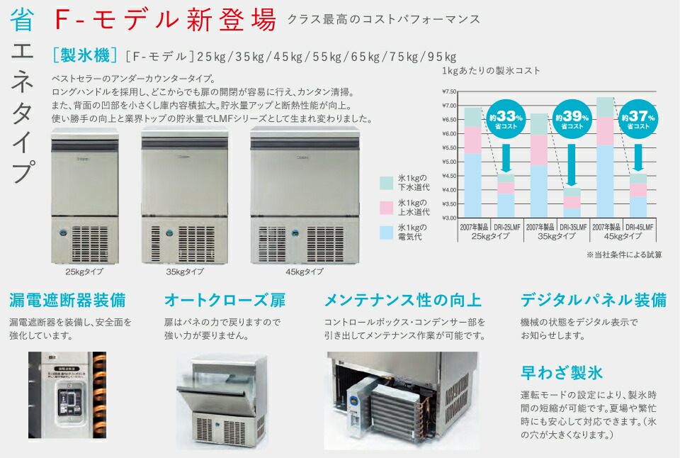 DRI-45LMF【大和冷機】製氷機アンダーカウンタータイプ空冷 45kg 幅630