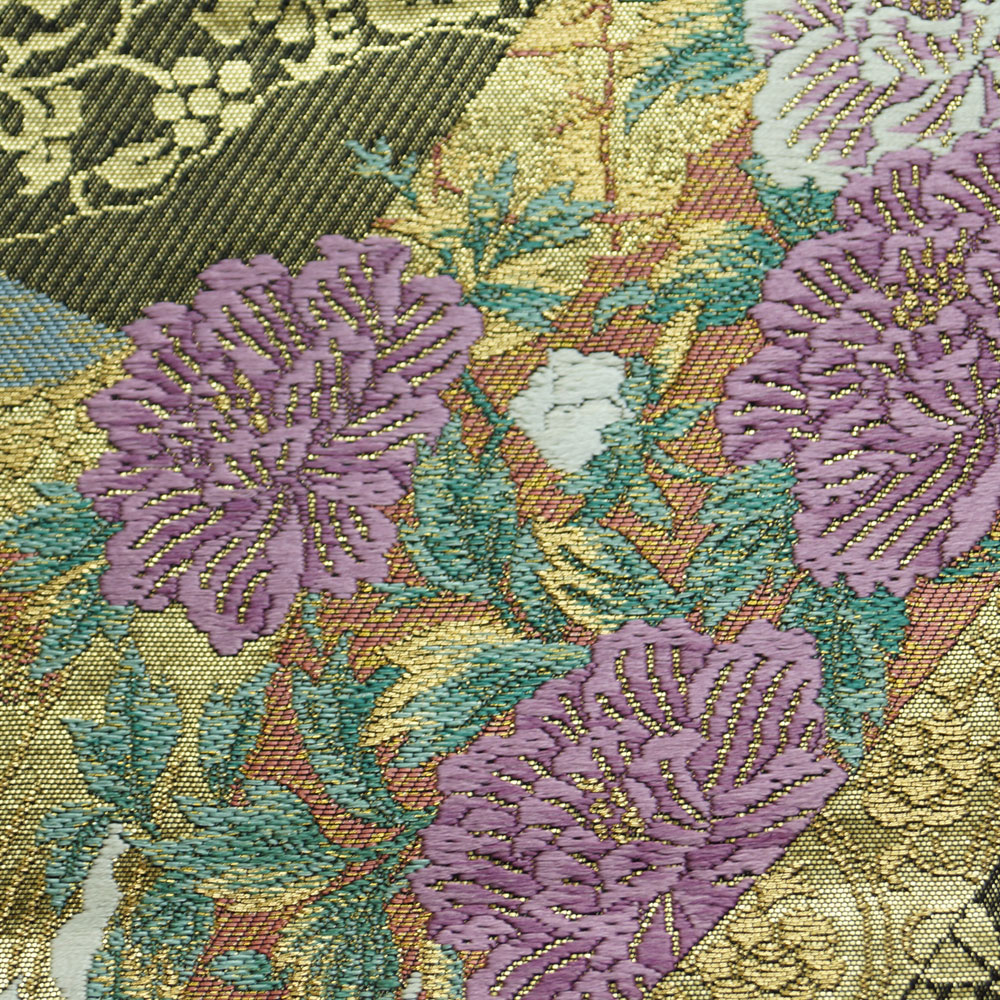 袋帯 じゅらく 帝王紫 短冊に春秋百花模様 黒色 金箔 金糸 【送料無料