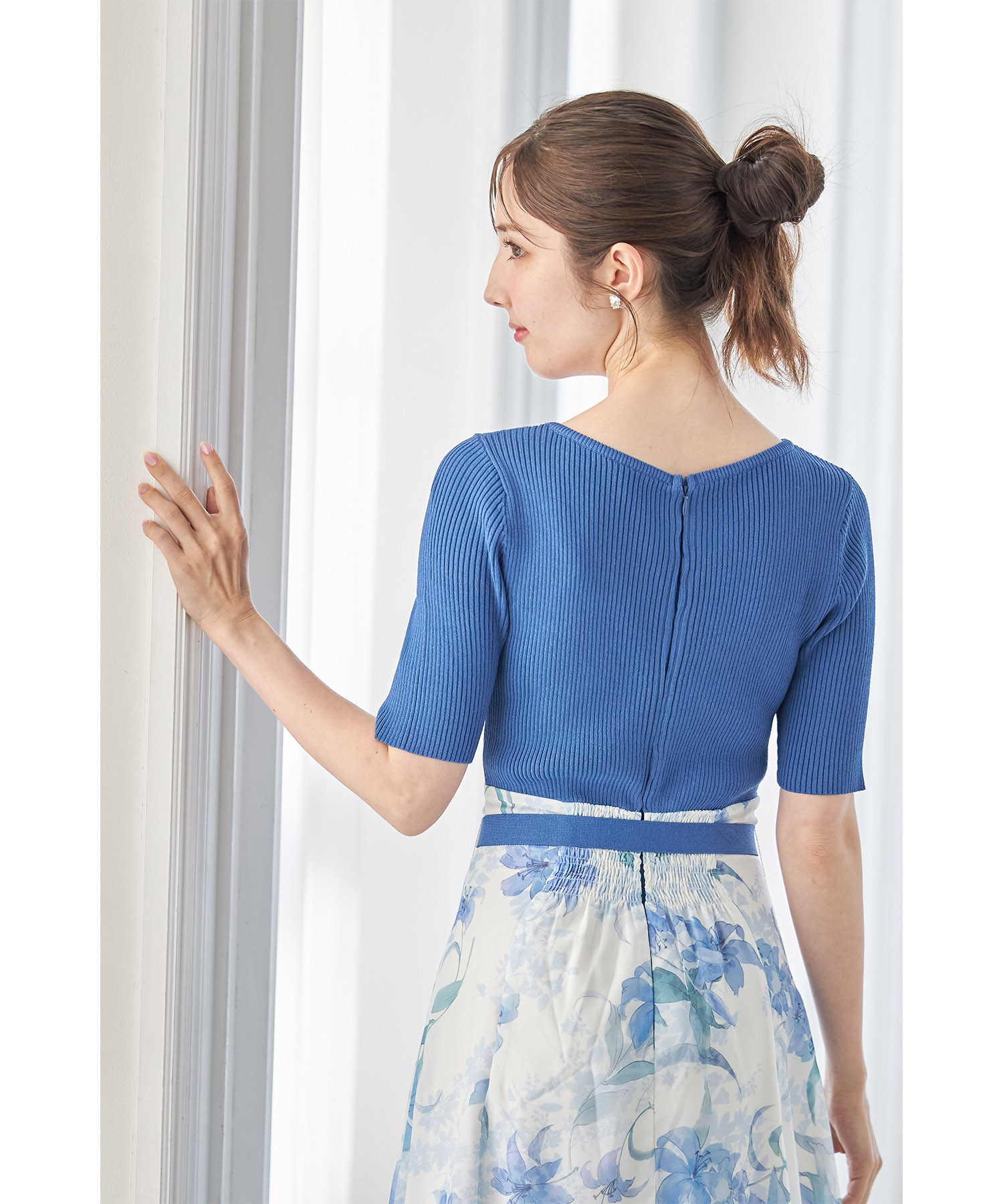 ウエストりぼん付きリブニット×フラワープリントドッキングワンピース