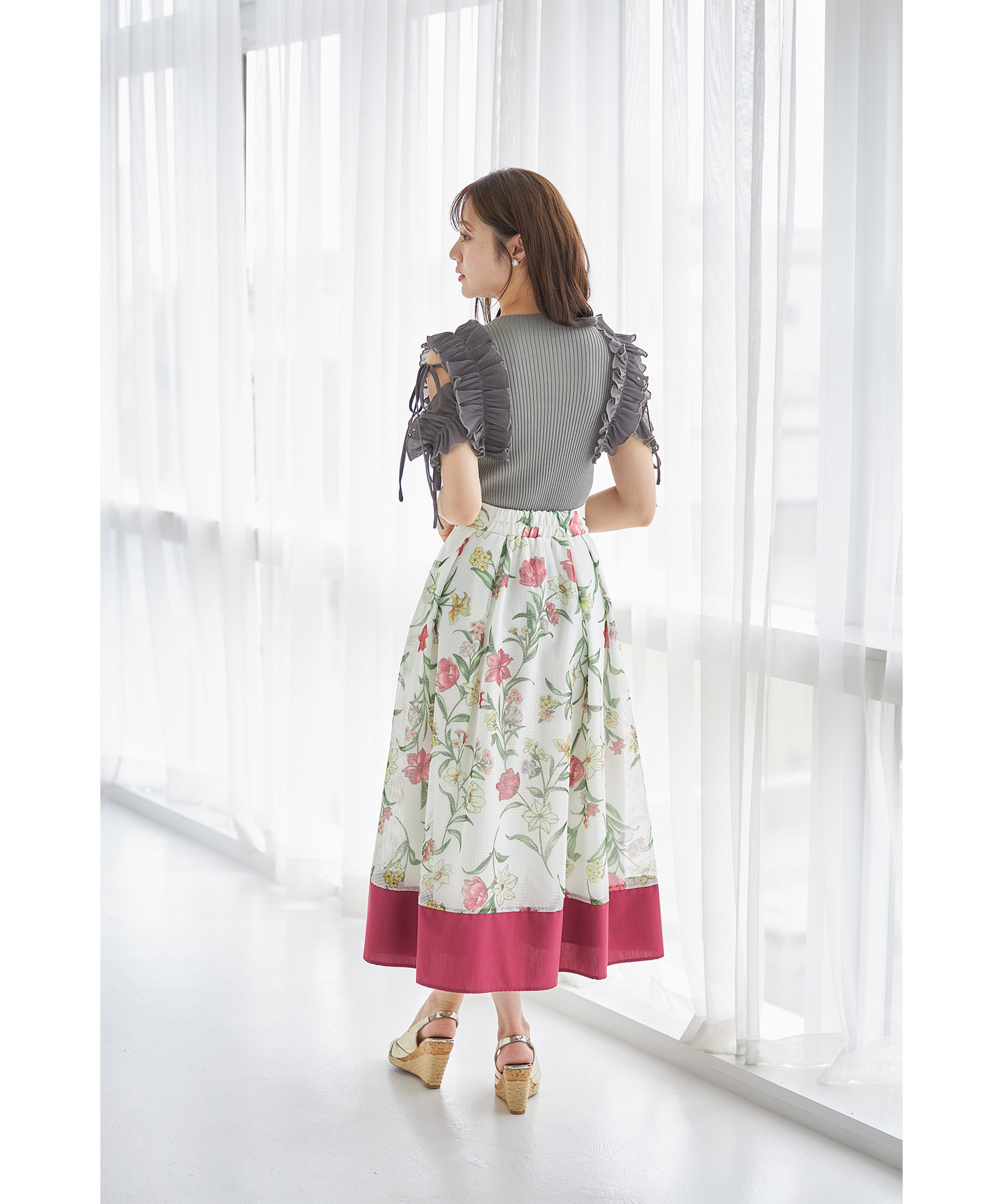 りぼん付きプリーツシフォンフリル切り替えリブニットプルオーバー