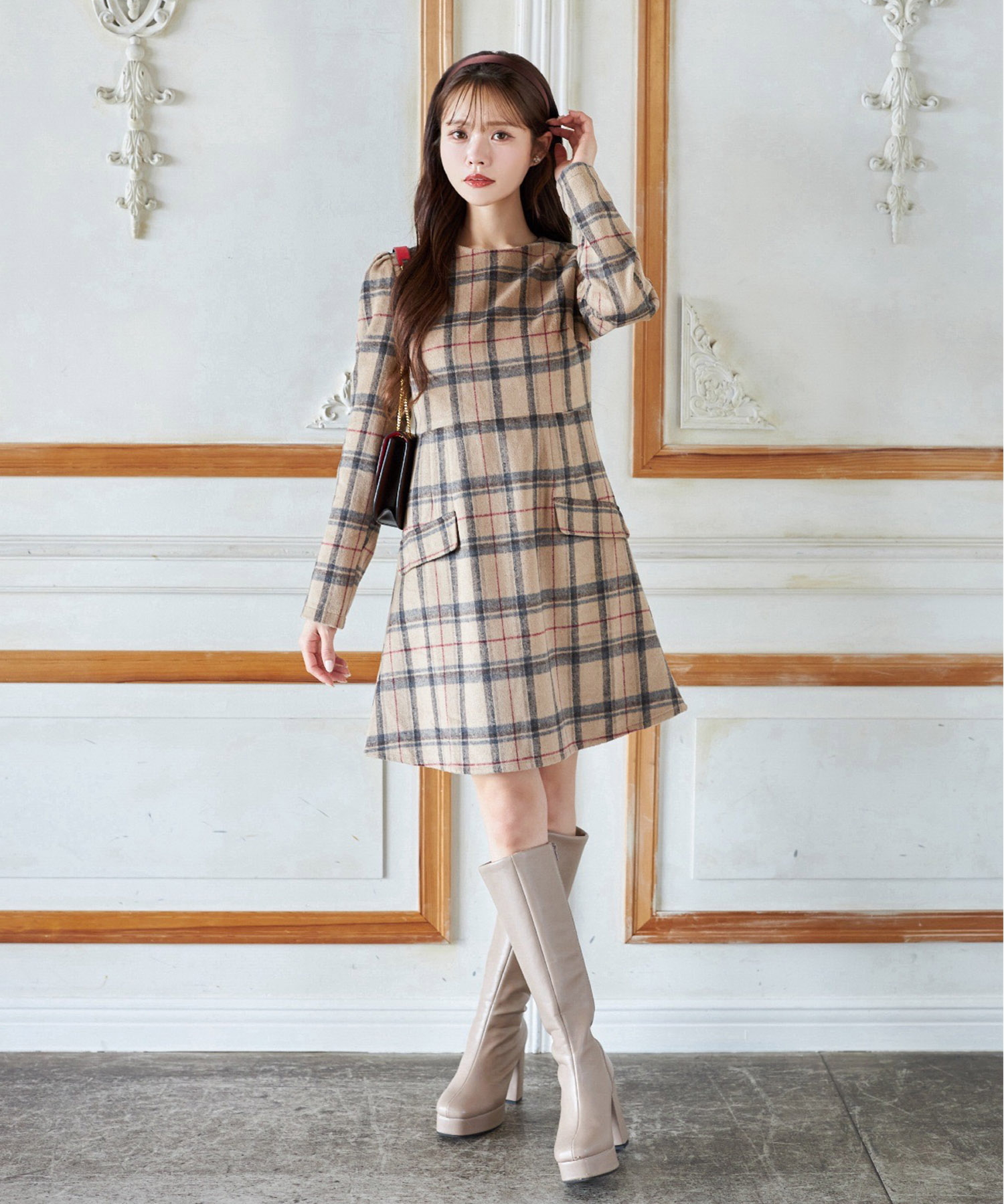 フェイクポケット付き起毛チェック台形ミニワンピース