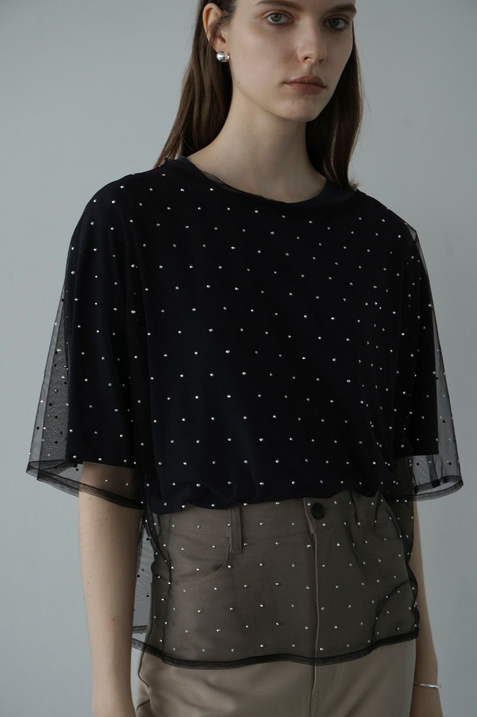 CLANE - ラインストーンシアートップス - RHINESTONE SHEER TOPS BLACK