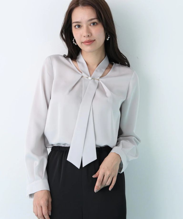 PINKY&DIANNE - 2WAYボウタイブラウス(グレー) ポリエステル