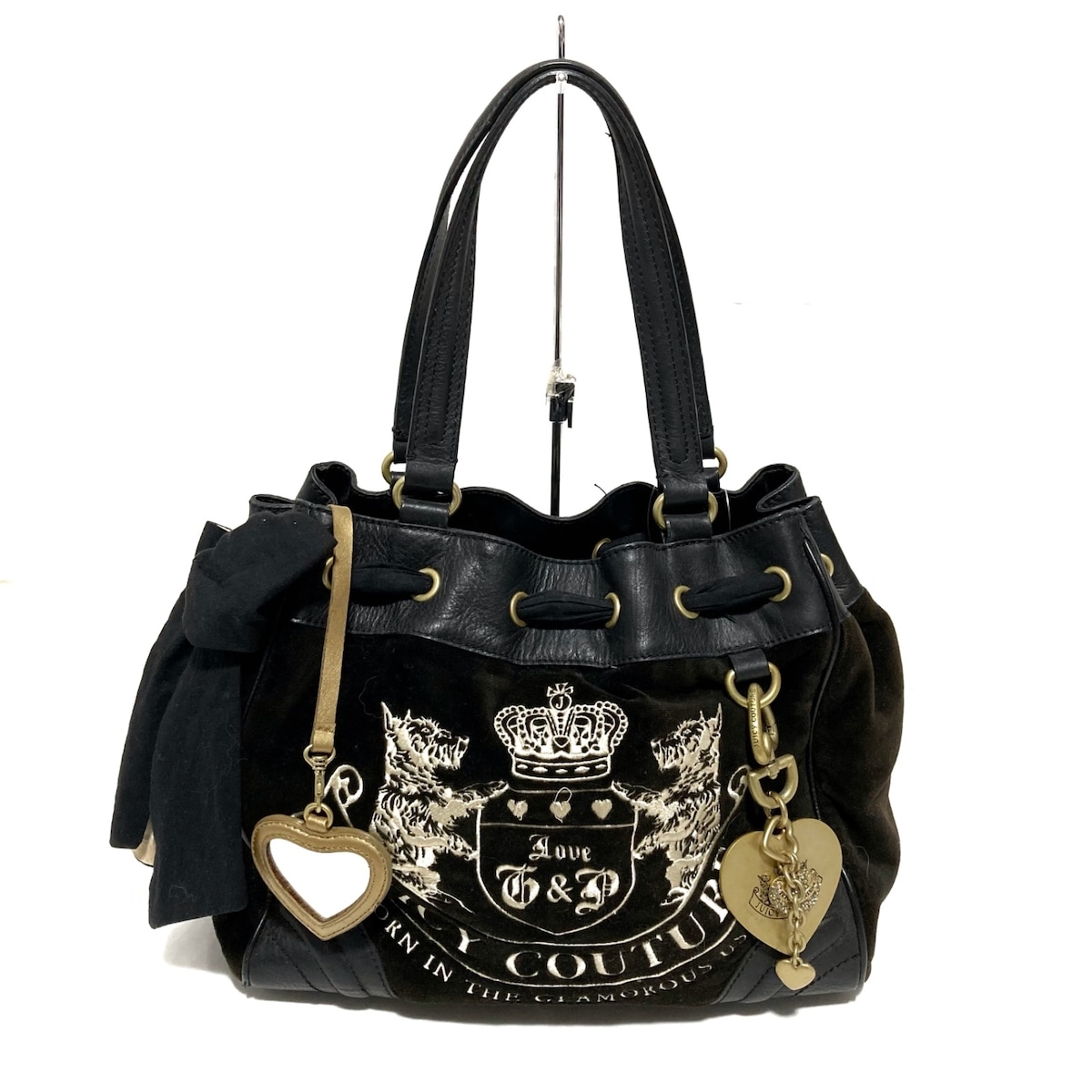 ジューシークチュール/トートバッグ/黒×アイボリー/ベロア×レザーの