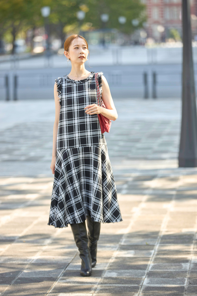 丸山真菜さん着用】チェックツイードフレアワンピース