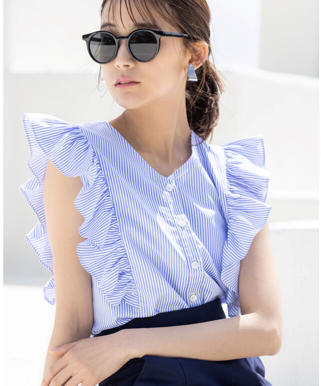 ストライプ袖フリルブラウス
