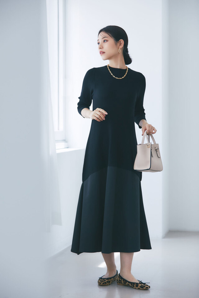 Takakoさん着用】タフタ切替ニットドッキングワンピース