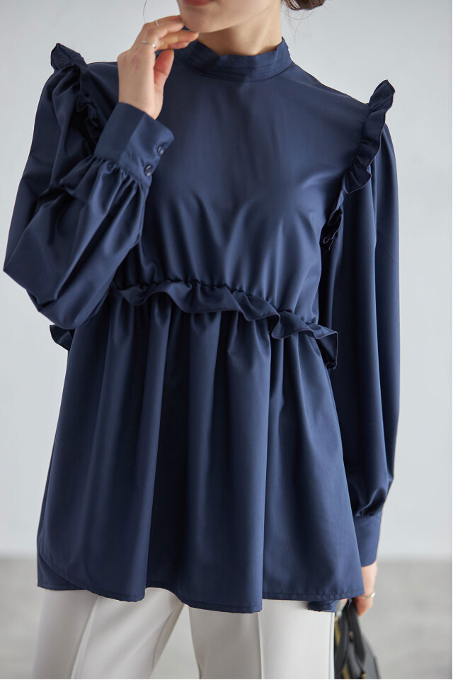 スタンドカラーギャザーフリルペプラムブラウス※一部店舗のみ入荷