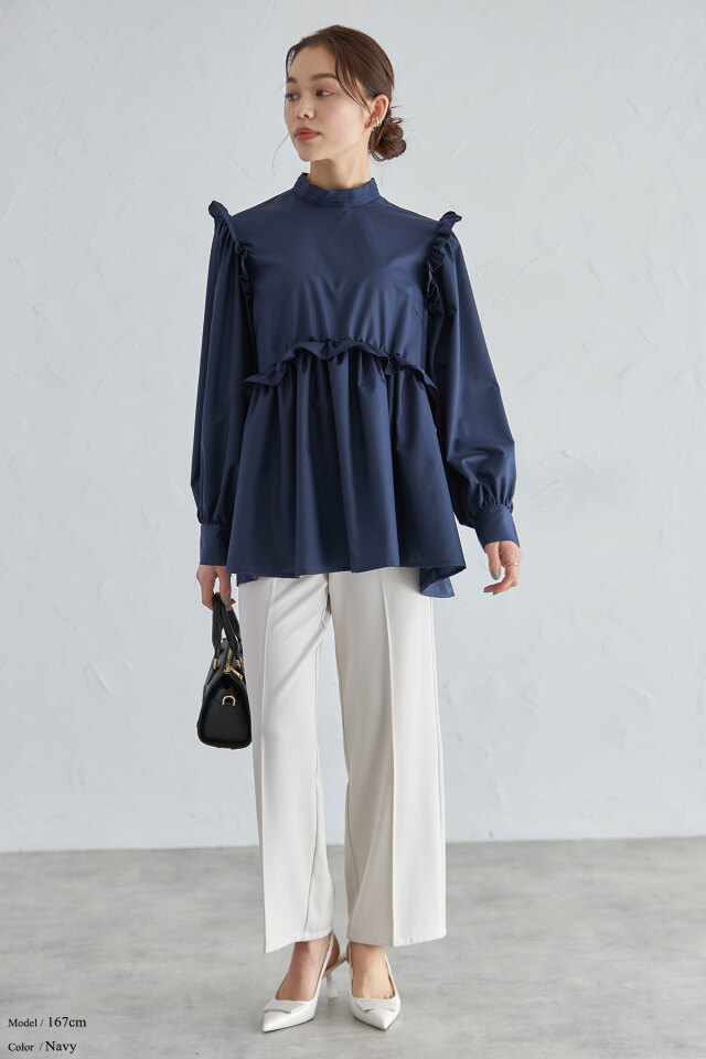 スタンドカラーギャザーフリルペプラムブラウス※一部店舗のみ入荷