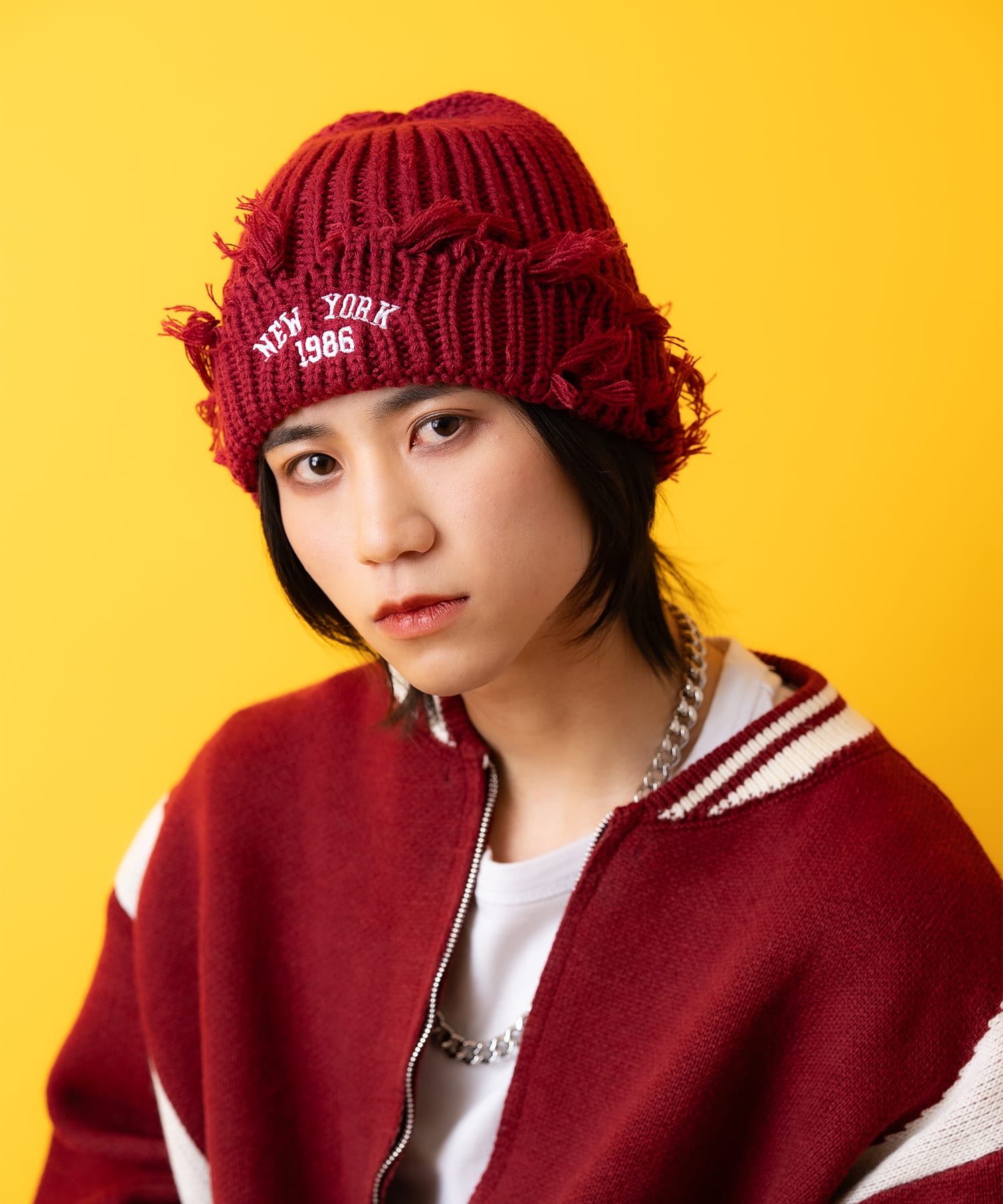 NEW YORKロゴ刺繍ダメージニット帽 / ニットキャップ メンズ