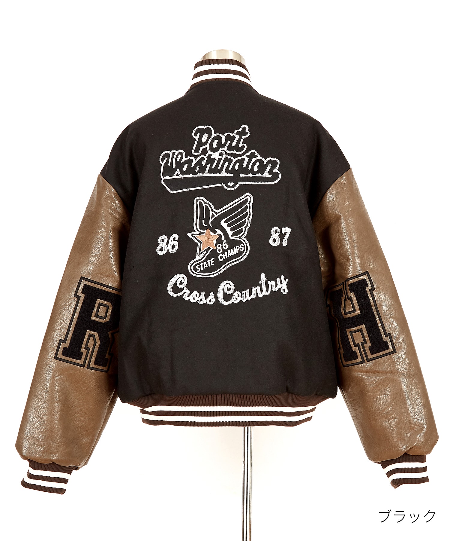 チェーンステッチ刺繍サガラワッペンウール＆合成皮革切替キルティング