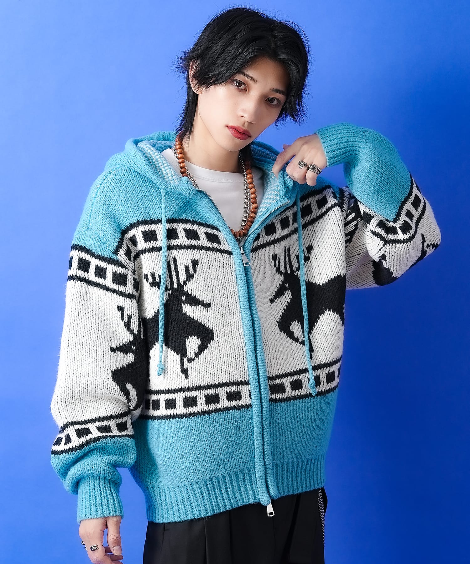 ノルディック柄カウチンニットフーディーセーター / メンズ レディース