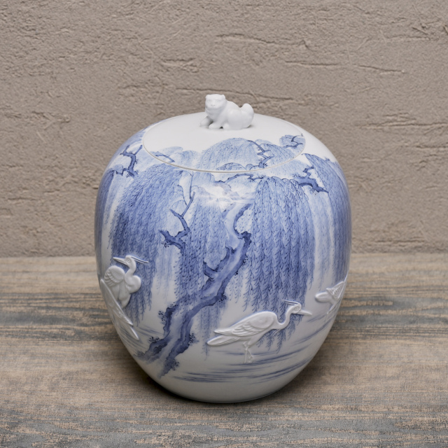 日本 磁器 平戸翠光 染付しだれ柳にサギ絵花瓶