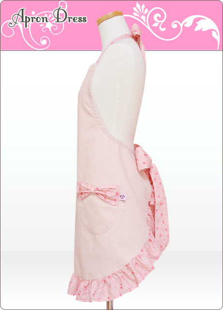 ピンク＆プチフラワー／ポケットリボンスリムエプロン（シュシュ付き）