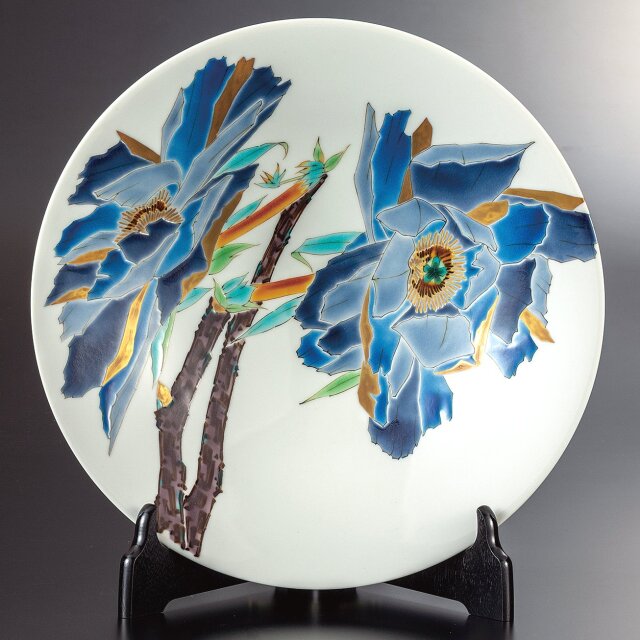 九谷焼作家 ギフト ご贈答品 御祝い九谷焼10号飾皿 色絵牡丹（皿立付