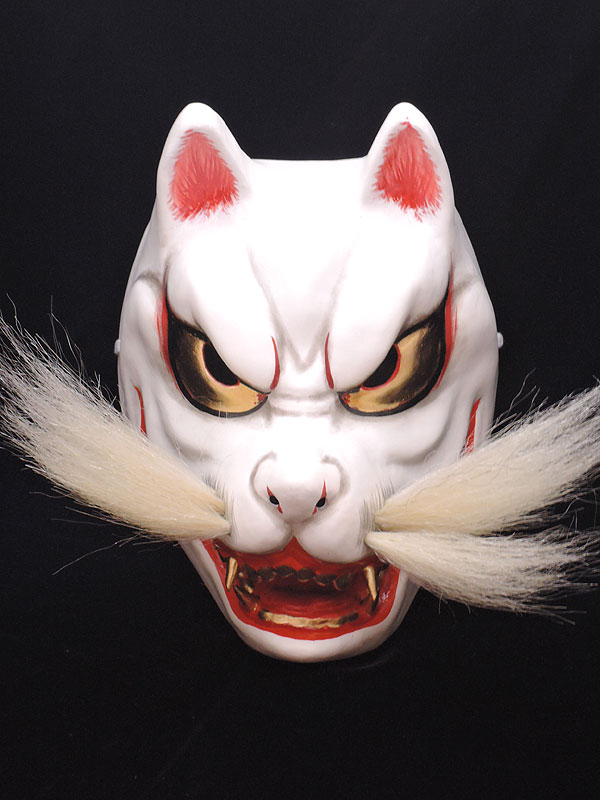 柿田勝郎面工房：石見神楽面 小狐（白狐 顎固定 咥え有）