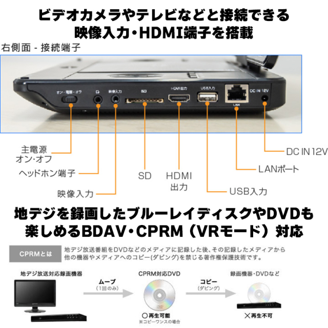 ポータブルブルーレイプレーヤー 11.6インチ ブルーレイ CPRM対応