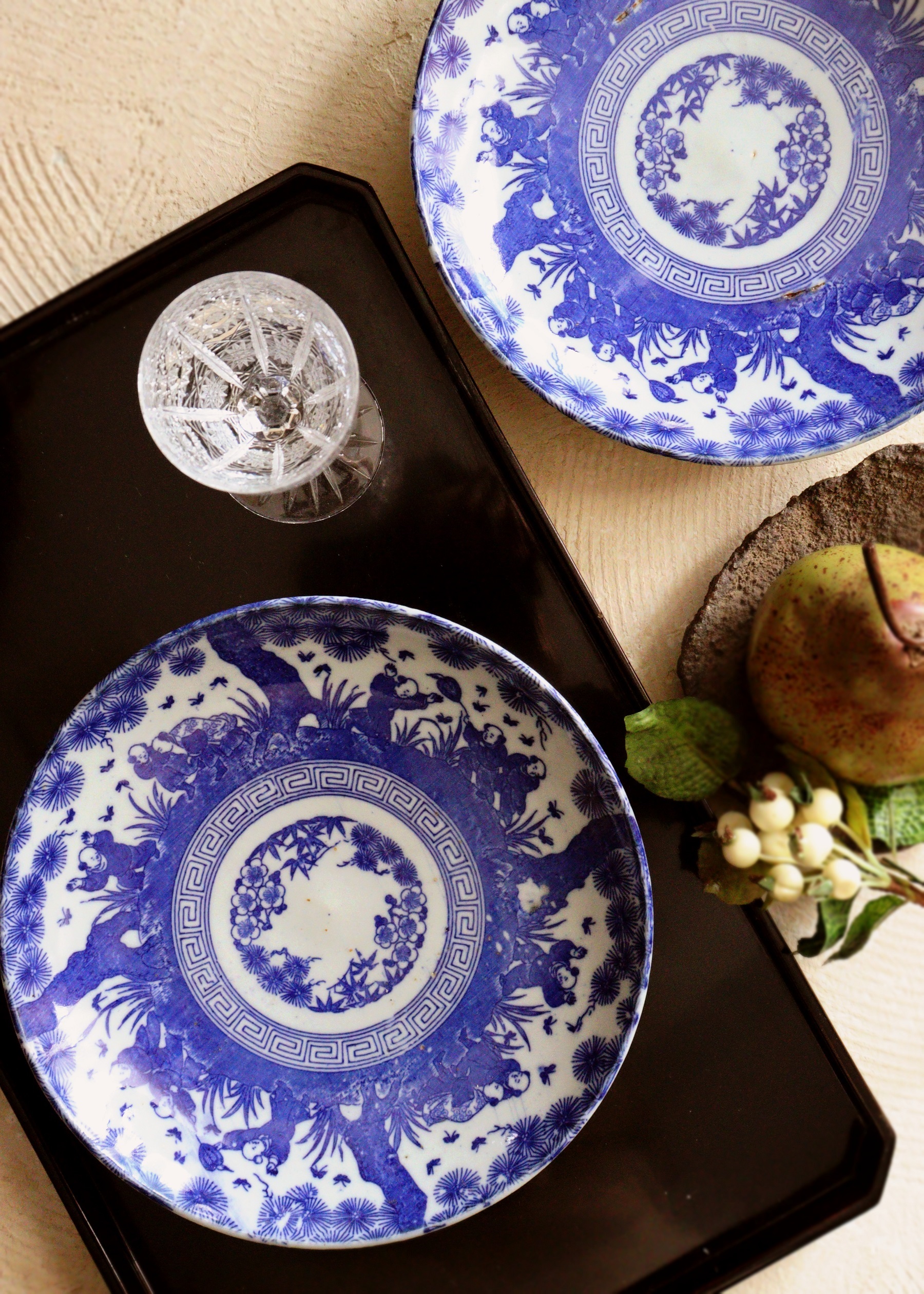 染付印判松樹下唐子紋様22.5cm皿2枚組 中皿 大皿 パスタ サラダ 染付