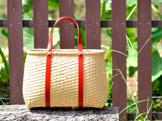 竹かご鞄 大 革手/買い物かご大 革手 －白/竹かご/かごバッグ