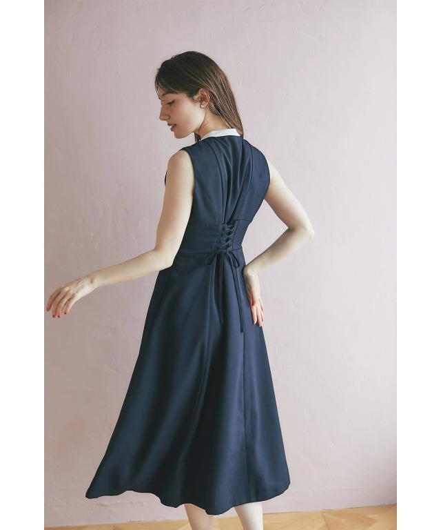 ヨークレース切替バックレースアップ配色ワンピース