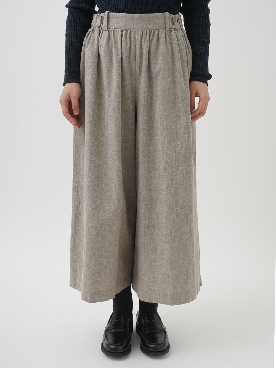 19／－ラフィウールシャンブレー ギャザーキュロットパンツ