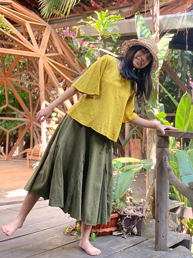 asana ヘンプコットン ひらひら 切り替え スカート・草木染め【パヤカ