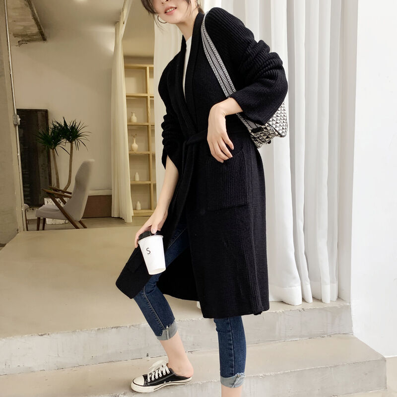 取り寄せ品】セルフタイ付き ノーカラー ワンカラー ニット ロング